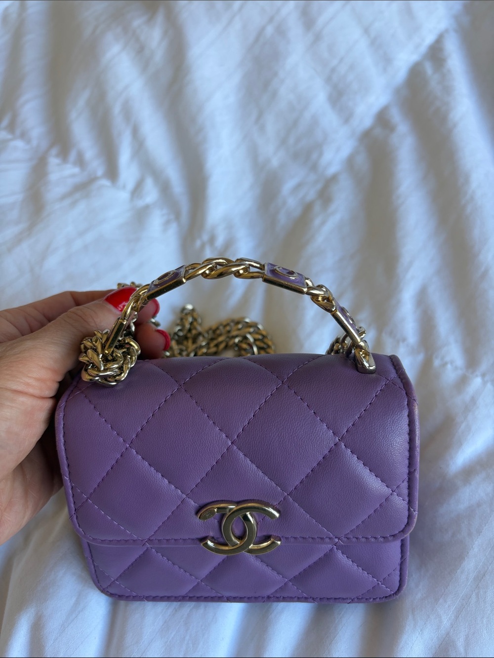 CHANEL Lavender Quilted Mini Top-Handle Bag with Gold Chain